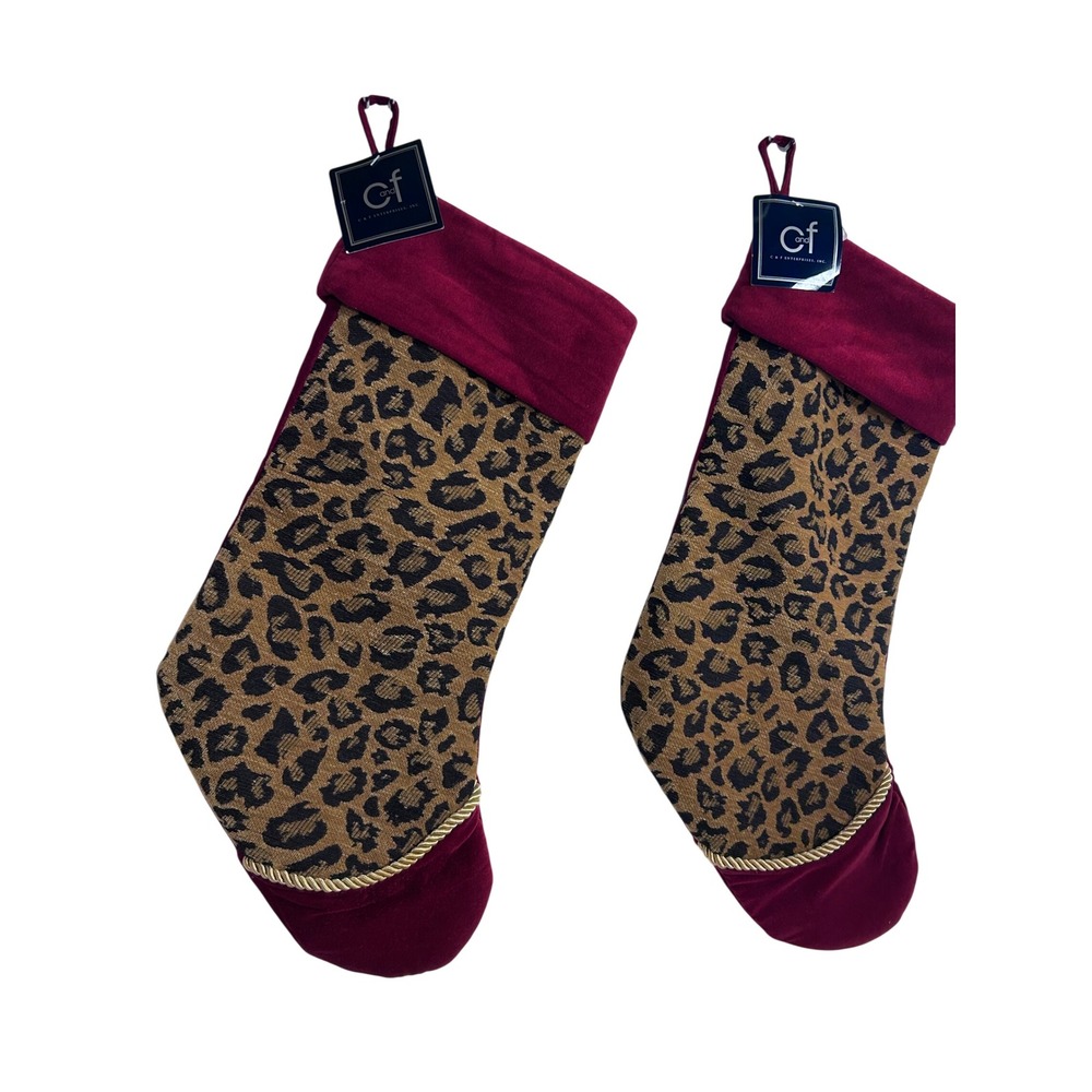 C & F Enterprises Christmas Stockings 2pc Leopard Print Velvet Burgundy Holiday